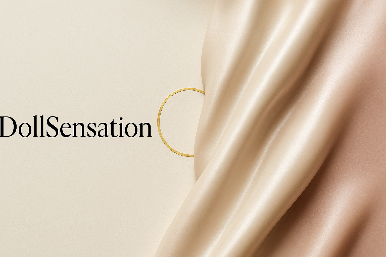 Bannière héro pour “DollSensation”, style luxe minimal. Image abstraite non explicite: fond ivoire/crème avec dégradé vers rose poudré, éclairage studio doux, grandes zones vides à gauche pour titre/CTA. Ajouter un fin cercle doré mat abstrait (rappel sceau), textures papier légères, reflets satinés type silicone haut de gamme, sans visages ni corps. Palette: #F8F6F0, #FAF9F7, #E8C5C5, #2C2C2C, #D4AF37. Format 2000×900, lisible desktop/mobile, contraste suffisant pour texte sombre.